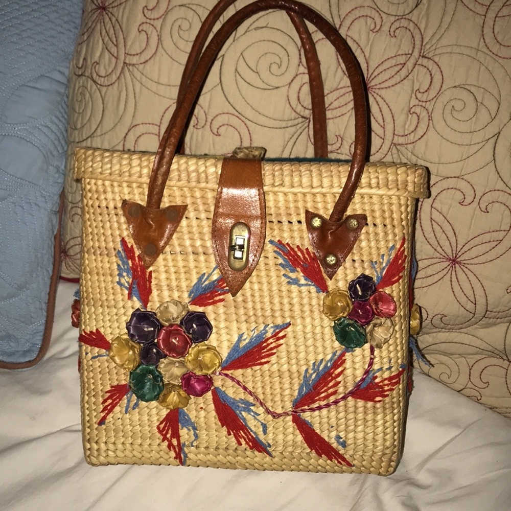 Vtg 1970s Handwoven Boho Straw Floral Handbag - Picture 10 of 14
